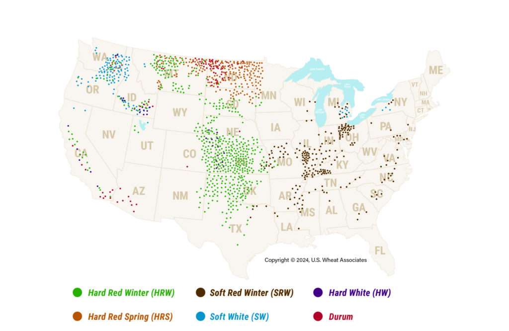 Map of wheat growing regions in the U.S.